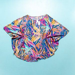 NEW Chico's Palm Print Sheer Knit Lightweight Crew Neck Poncho Blouse Size S/M